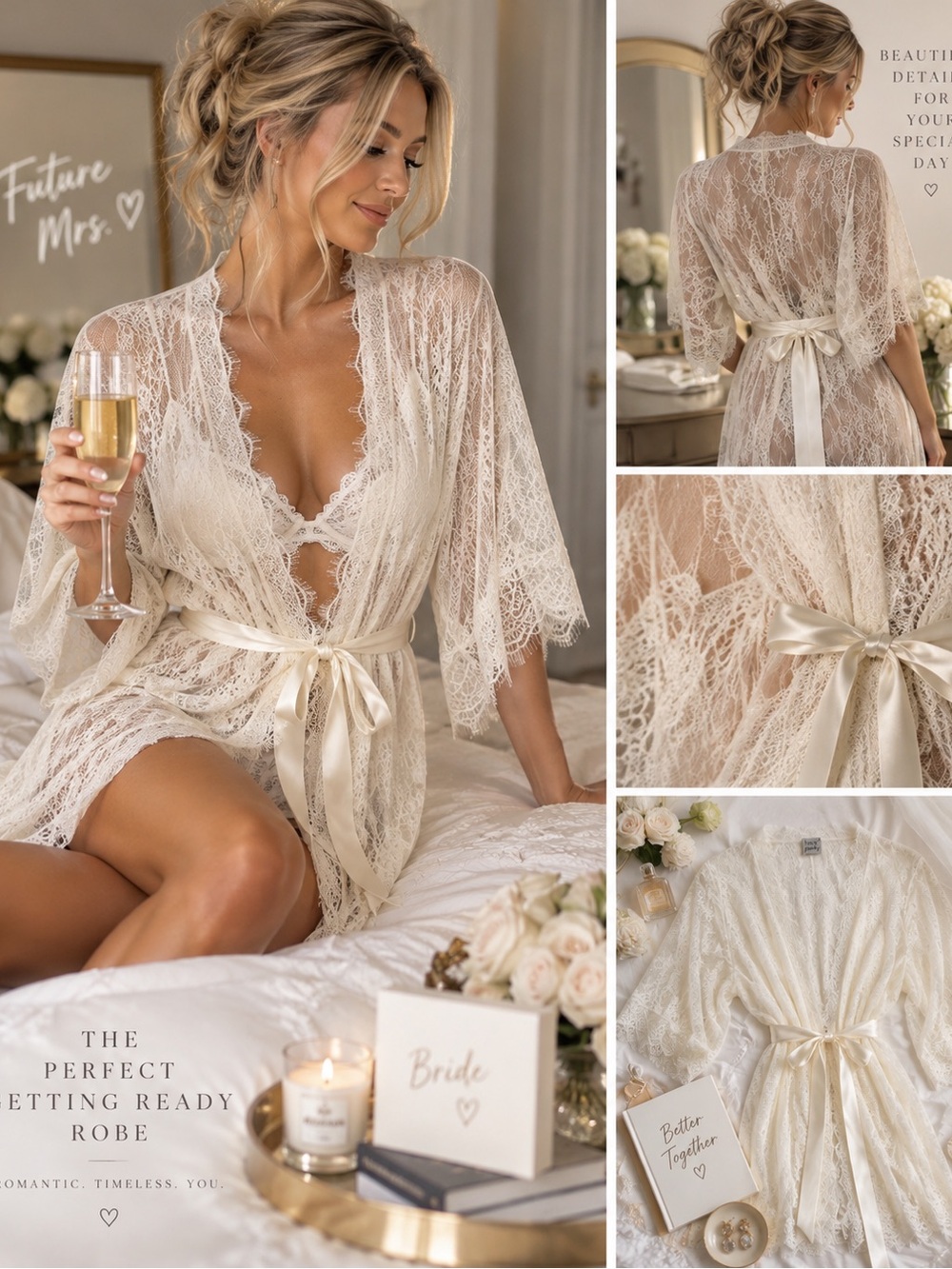 Hanky Panky Ivory Lace Bridal Robe P/S Sheer Kimono Satin Tie Made USA